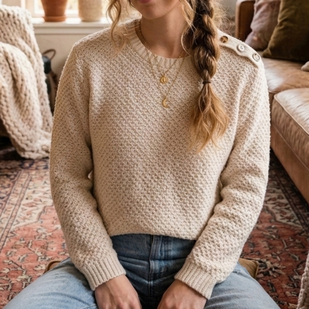 moon & madison Cream Button-Shoulder Textured Crewneck Sweater